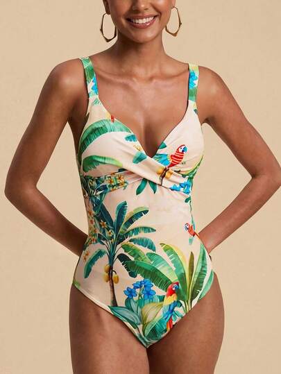 Travachic Women's Beach Vacation Printed Camisole One Piece Swimsuit,Vacation Style,Beach,Beach Outfit For Women,Beach Outfits For Women,Summer,Women's Beach Summer,Summer Outfit For Women,Modest Swimwear,Vacation,Flower,Graphic,Party,Beach,Elegant,Luxury,Chic,Holiday Outfits,Green,Vacation,Beach,Spring Break Outfits,Carmaval,Carnival,Festival,Spring To Summer