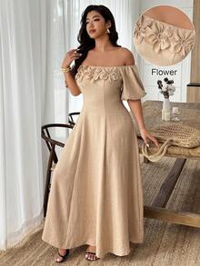 SHEIN LUNE Robe casual grande taille de couleur unie avec épaule asymétrique et décoration florale 3D - Kaki - Voir 8