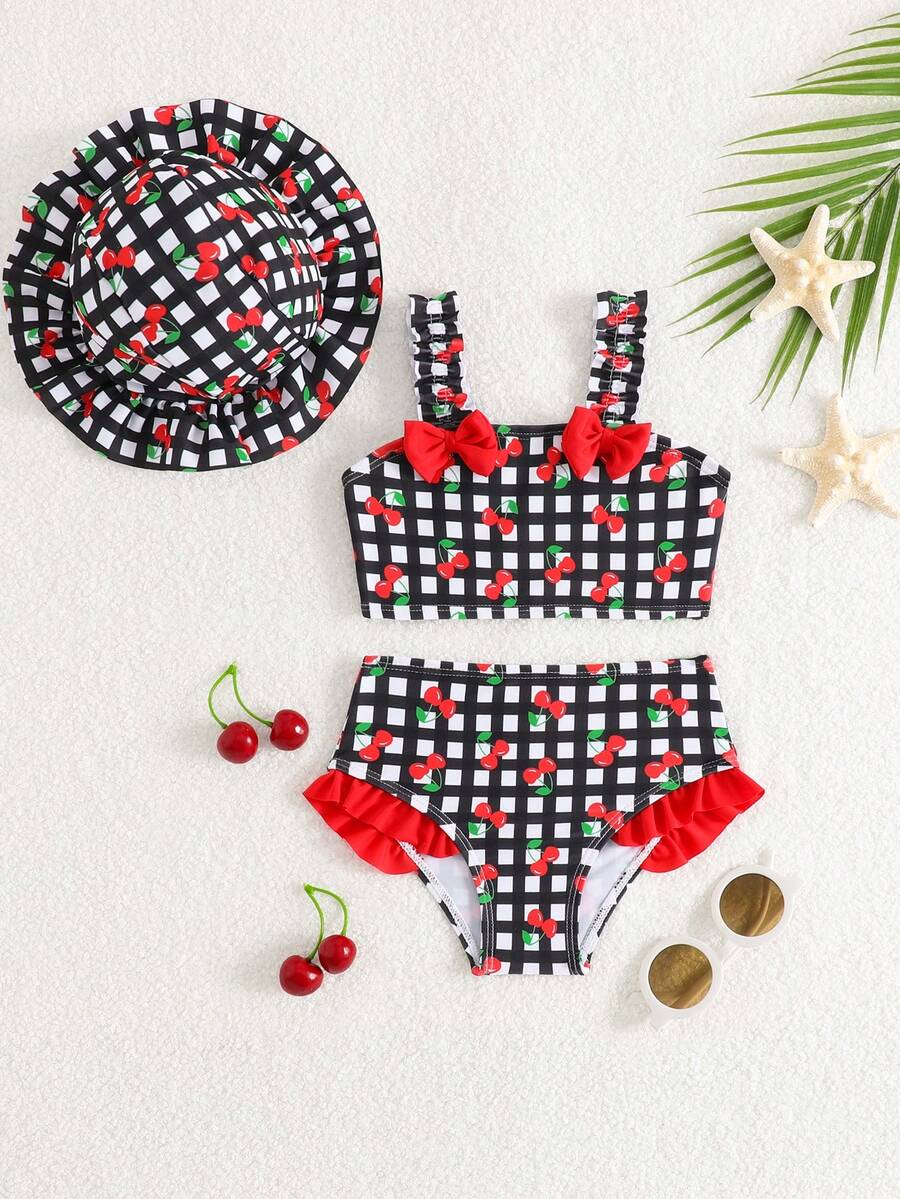 Bộ đồ đi biển 3 món cho bé gái, họa tiết bướm và kẻ caro, kèm mũ kẻ caro đáng yêu. - Nhiều màu - Xem 1