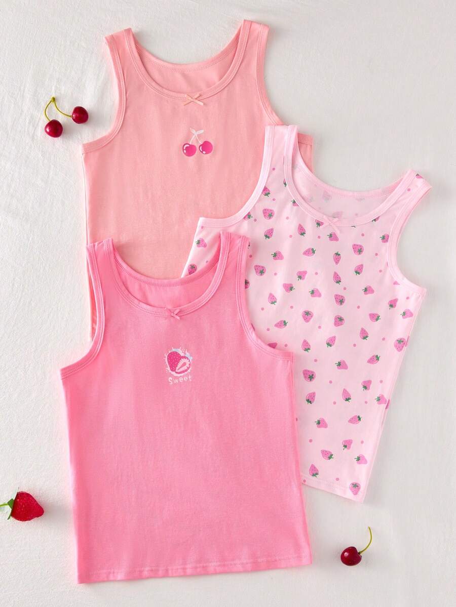 4件装女童可爱草莓樱桃水果印花吊带背心，内搭外穿皆宜 - 彩色 - 查看 1