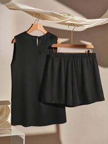 GlowEve CURVE Plus Size Women 2 Pieces Set Shiny Fabric Simple Vest And Shorts,Black Summer Smart Casual Everyday Versatile Outfit Suits For Woman Mother's Day - Black - View 2