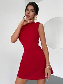 Firerie Women's Elegant Asymmetric Pleated A-Line Mini Dress, Suitable For Daily, Wedding, Party, Music Festival, Vacation - Red - View 5