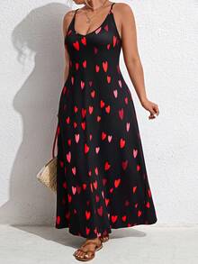 EMERY ROSE Plus Size Women's Valentine Day Heart Strap Maxi Dress, Black And Red Print Loose Strap Long Dress,Casual Summer Travel Date Wear - Multicolor - View 5
