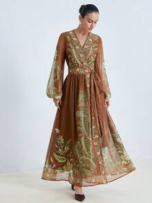 Aveloria Modichic New Elegant Chiffon Digital Placement Vintage Print V-Neck Long Sleeve Maxi Dress - Multicolor - View 6