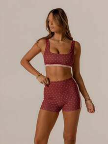 Aralina 休闲撞色波点套装，可爱夏季短裤和可爱夏季上衣，完美的机场穿搭，适合女性和七月四日国庆节。 - 酒紅色 - 查看 4
