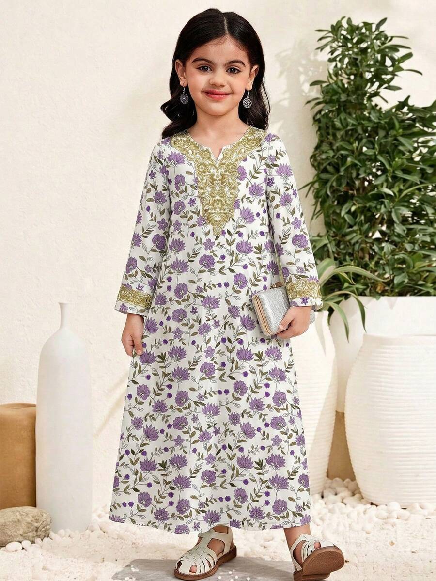 SHEIN 优雅复古独特高贵少女花卉印花长款卡夫坦连衣裙，适合春夏、节日场合，展现优雅女士风范。阿拉伯风格长袖V领宽松休闲连衣裙，适合庆祝活动、日常穿着、外出游玩、欢度假期。 - 彩色 - 查看 1