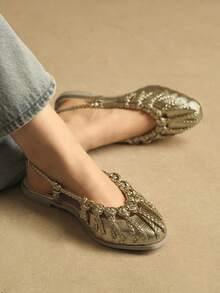 Rosivie Giày sandal đế bằng nữ, quai đan màu vàng, mũi kín. - Màu vàng nhạt - Xem 4
