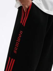 SUMWON 超大款阔腿牛仔短裤，侧边条纹细节，休闲夏季篮球短裤 - 黑色 - 查看 7