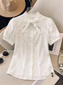 Teen Girls Delicate Style White Bowknot Hollow Out Blouse, Suitable For Campus, Commute, Party, Casual Daily Wear, Versatile Chic Top - White - View 1