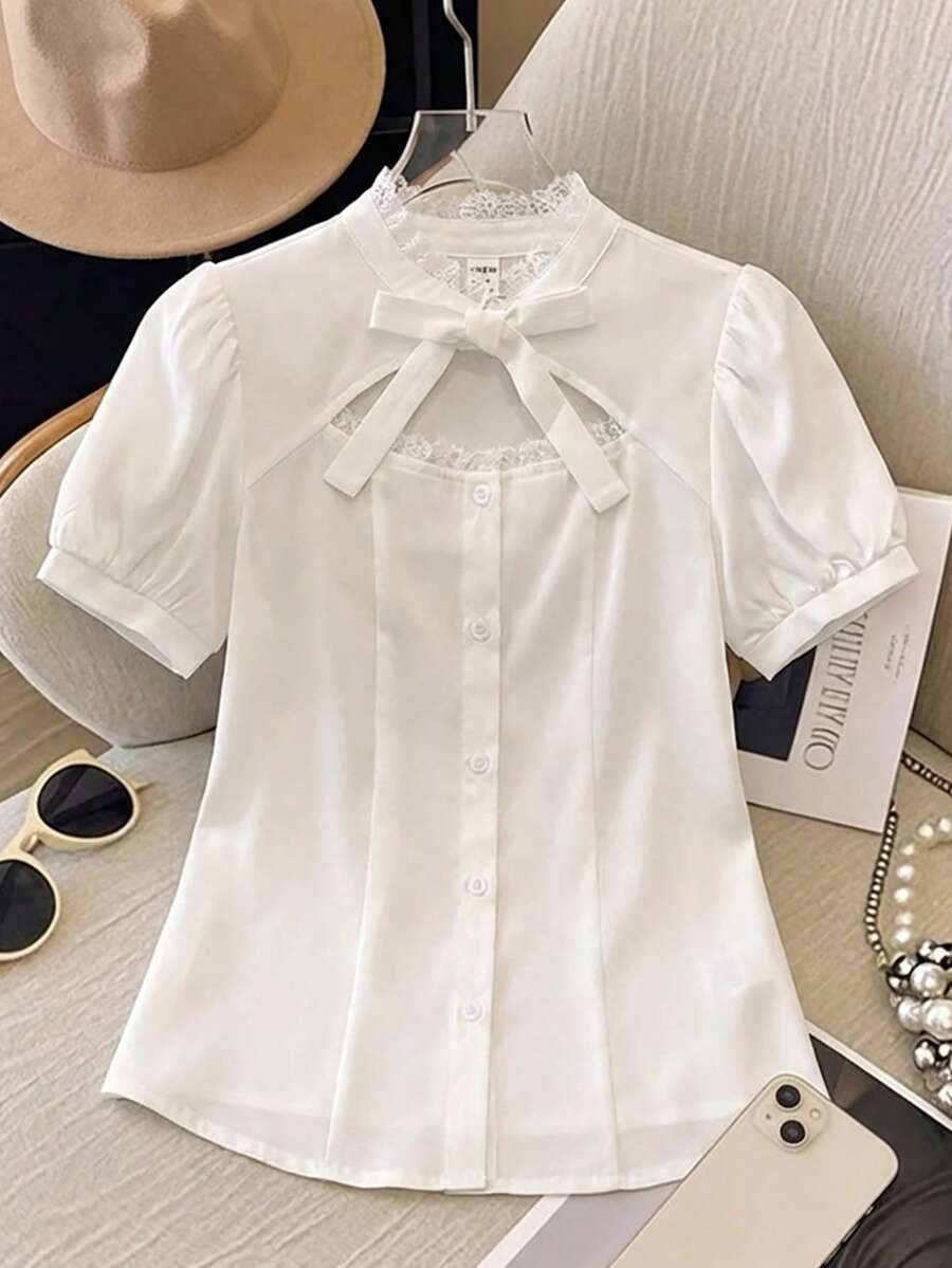 Teen Girls Delicate Style White Bowknot Hollow Out Blouse, Suitable For Campus, Commute, Party, Casual Daily Wear, Versatile Chic Top - White - View 1
