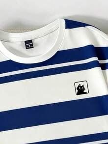 Manfinity Joysei Men's Casual Striped Funny Cat Print Round Neck Short Sleeve T-Shirt
