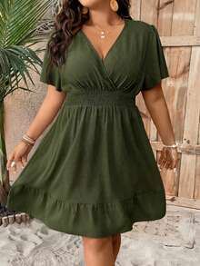 EMERY ROSE 大码纯色褶皱优雅短袖连衣裙 - 橄欖綠 - 查看 5