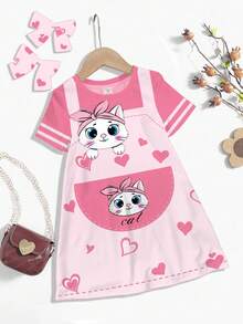 Đầm midi tay ngắn tối giản, in hình trái tim và mèo màu hồng dễ thương "Chill Chill Summer" dành cho bé gái, thích hợp cho mùa hè. - Nhiều màu - Xem 4