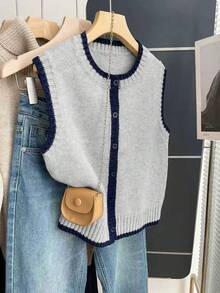 Franclia Áo vest len nữ kiểu Pháp cổ tròn dáng rộng không tay, viền tương phản, thích hợp cho mùa thu/đông. - Màu Xám nhạt - Xem 4