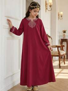 Sparklyn Tween Girl Elegant Traditional Embroidered Dress - Red Violet - View 7