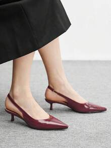 CUCCOO BIZCHIC Giày cao gót mũi nhọn màu đỏ tía bằng da bóng, quai hậu khoét rỗng, kiểu dáng slip-on dành cho nữ, đa năng cho công sở và mặc hàng ngày. - Màu Đỏ Sâu - Xem 4