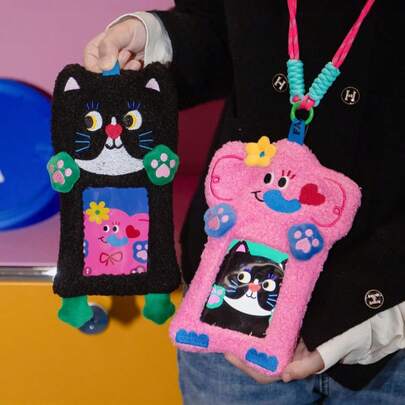 Joivida 1个大象黑猫卡套 ID 证件钱包手机袋透明校园公交卡工作挂绳零钱钥匙收纳包挂饰