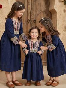 SHEIN Baby Girl Casual Retro Pattern Dress, Suitable For Spring, Summer, Autumn, Home, Outdoor, Holiday, Party, Daily Wear - Multicolor - View 10