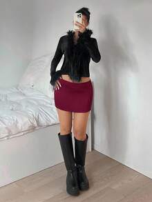 SHEIN EZwear 女士新款酒红色缎面低腰迷你裙 - 酒紅色 - 查看 5