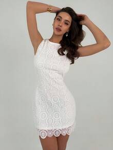 RiviMae Chic Sleeveless Pencil Mini Dress White Embroidery Round Neck For Women - White - View 4
