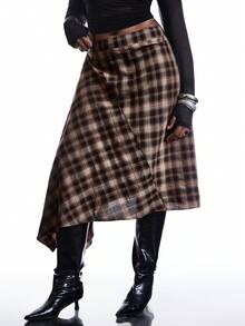 LYSMO 大码女式复古格子不对称下摆半身裙 - 棕色 - 查看 4