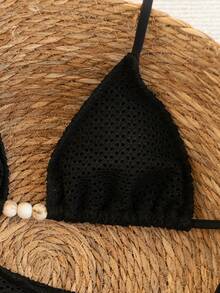 Swim Vcay Mesh Hollow Fabric Sexy Halter Women's Swimsuit Set, Black Bikini 2-Piece, Beach, Pool, Party, Cruise, Casual & Versatile Female Swimwear - Black - View 4