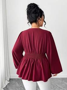 Elenzga Plus Size Women's Burgundy Elegant Autumn Blouse,Metal Decor Waist Cinched A-Line Flowy Top,V-Neck Lantern Long Sleeve Shirt For Dinner & Holidays - Burgundy - View 2