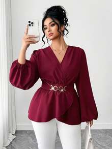 Elenzga Plus Size Women's Burgundy Elegant Autumn Blouse,Metal Decor Waist Cinched A-Line Flowy Top,V-Neck Lantern Long Sleeve Shirt For Dinner & Holidays - Burgundy - View 3