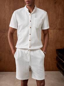 AKNOTIC Business Casual Manfinity Modomio 男士两件套梭织立领修身短袖休闲衬衫套装，适合日常穿着、沙滩男士衬衫、沙滩男士衬衫、男士正装衬衫、男士短裤套装、两件套沙滩套装 - 白色 - 查看 4