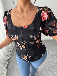 Elenzga Blusa romántica de manga corta con cuello cuadrado, estampado floral elegante y de moda para mujer de talla grande, primavera/verano - Negro - Ver 6