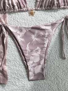 Swim Mod 3pcs/Set Women Summer Random Print Halter Beach Dress Tie-Up Retro Vacation Bikini Set - Multicolor - View 5