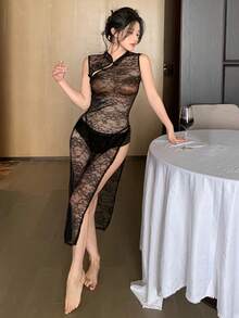 DAZY 2pcs Chinese Style Modified Cheongsam Lace Sleepwear Set - Bowknot Mesh Chemise & G-String