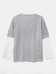 Manfinity BRENVOR Men's Heart Embroidery Striped Crew Neck 2 In 1 Knit Long Sleeve T-Shirt - Light Grey - View 2