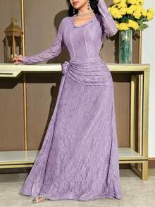 Modelyn Women's Elegant Solid Color Lace 3D Floral Decor Mid-Length Dress - Dusty Purple - View 3