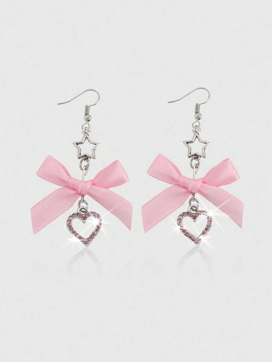 ROMWE Goth 2-Piece Fashionable Diamond-Encrusted Pink Love, Bow, Star Earrings, Suitable For Women's Daily Wear - Pink - View 1