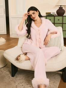 Mature French Elegant Women Faux Fur Patchwork Long Sleeve Top And Pants Pajama Set - Pink - View 5