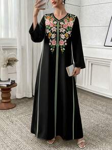 Al Najma Modest Vacation Style Floral Print Flare Sleeve Loose Arabic Dress - Multicolor - View 1