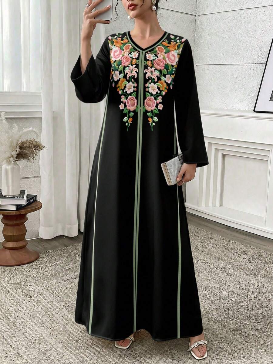 Al Najma Modest Vacation Style Floral Print Flare Sleeve Loose Arabic Dress - Multicolor - View 1