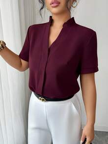 Elenzga Blusa minimalista de mujer de unicolor, de manga corta, cuello alto y hombros regulares - Burdeos - Ver 3