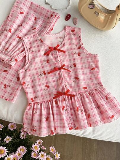SHEIN 2pcs/Set Girls' Sleeveless Outfit, Lightweight For Spring & Autumn: Cute Cherry Print Vest With Bow Accent At Neckline & Front, Ruffled Hem Top + Loose Wide-Leg Pants, Soft & Comfortable For Casual, Hangout, Vacation