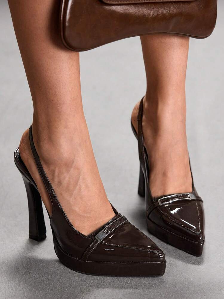 CUCCOO SZL Women's Pointed Toe High Heel Waterproof Platform Shoes, Buckle Decor, PU Leather, Minimalist & Comfortable, Suitable For Daily, Party, Banquet, Slip-On Backless Design