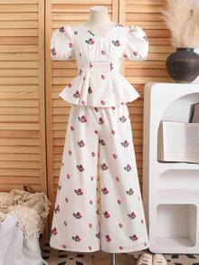 Bộ áo không tay in hoa và quần ống đứng cho bé gái tuổi teen, thanh lịch. - Màu be - Xem 3
