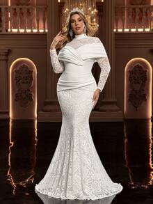 Glamrae فستان أنيق فاخر رومانسي مزين بالدانتيل الأبيض، طويل الأكمام، قصة ذيل حورية البحر، مناسب للزفاف، فستان العروس، عيد الحب - أبيض - مشاهدة 7
