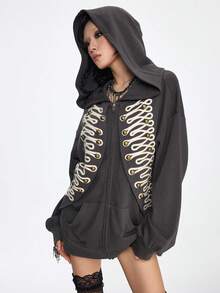 Grunge Punk SpringVintage Napoleon Style Embroidered Metal Button Hooded Sweatshirt Jacket - Dark Grey - View 3