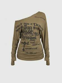 ROMWE Grunge Punk Kaos Slim Fit Leher V dengan Desain Lusuh ala SpringGrunge - Hijau Tentara - View 1