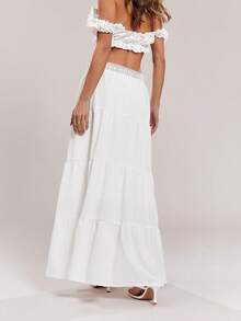 SHEIN ICON Women's Vacation Waist Contrast Lace Ruffled Hem Fashionable A-Line Skirt - White - View 2