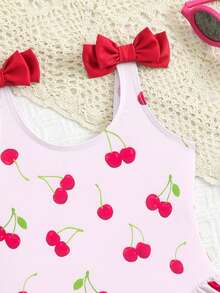 女婴沙滩装，可爱樱桃印花，针织面料，双蝴蝶结肩带，荷叶边裤腿，连体泳衣，时尚休闲优雅女士款，适合游泳、度假、夏季穿着 - 彩色 - 查看 4