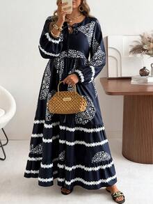 Ceyna 大码V领长袖休闲度假梭织连衣裙，春夏款 - 藏蓝色 - 查看 8