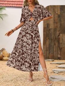 Breezaya Đầm maxi nữ kiểu dáng thắt nút xoắn phía trước, in hoa, xẻ tà bên hông, hở lưng. - màu nâu - Xem 4