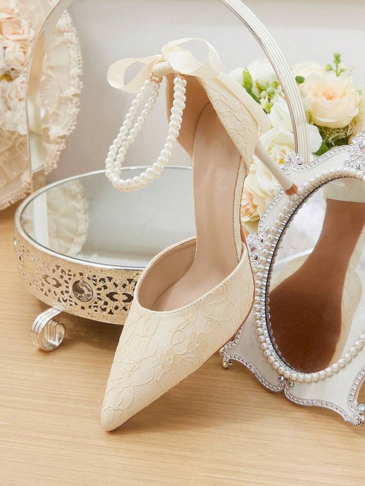 CUCCOO HITCHD Pointed Toe Thin High Heel Faux Pearl Bow Lace Women's High Heel Pumps, Fashionable & Elegant For Wedding, Evening Party, Hollow Out Dress Shoes Elegant Shoes Wedding Shoes Summer Shoes Bride Shoes